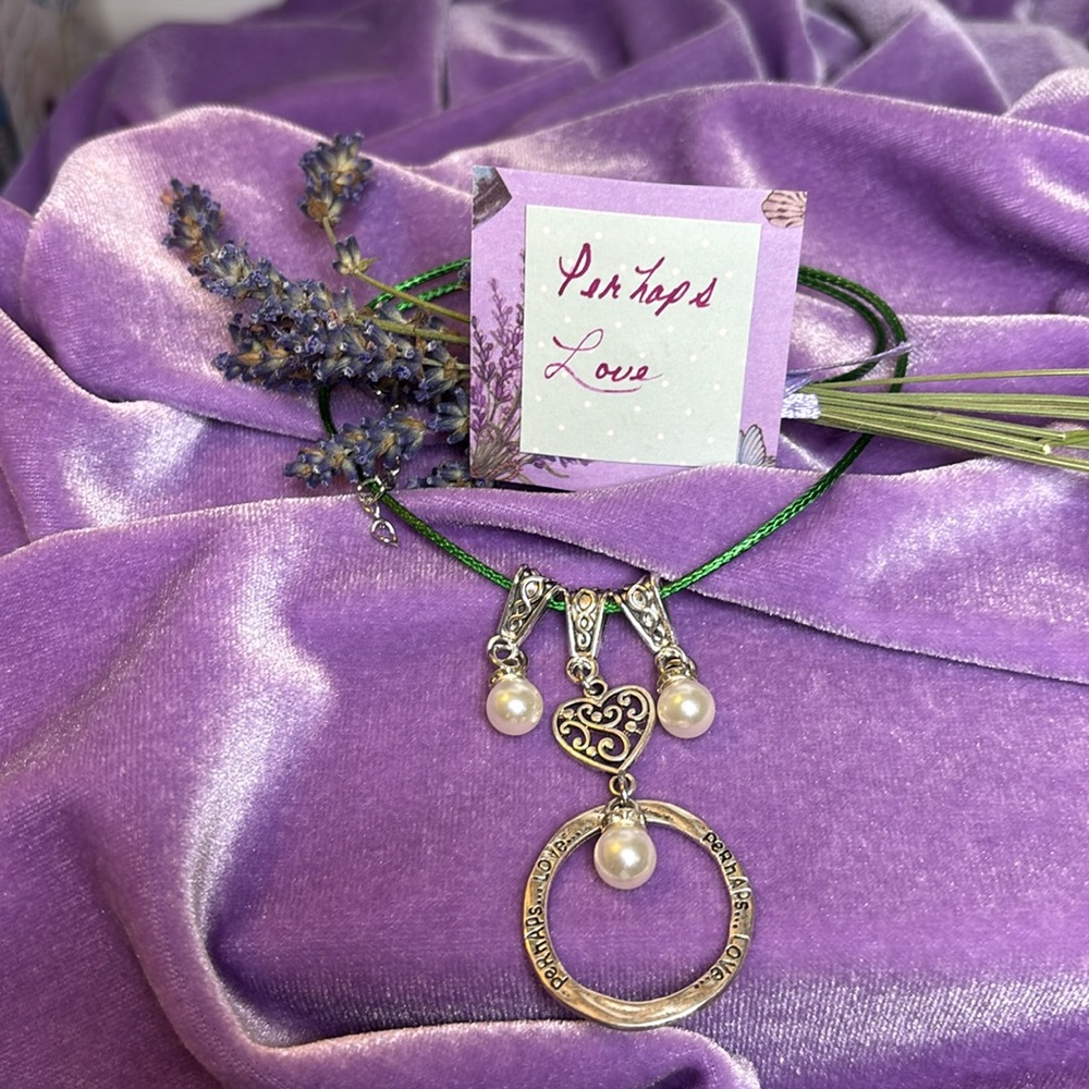 “Perhaps Love” Silk cord w/ pearl and heart.